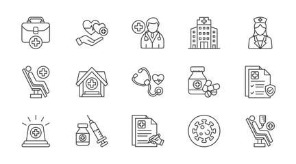 Medical thin line icon set. Containing healthcare, doctor, hospital, nurse, patient, clinic, stethoscope, medicine, health insurance, emergency. Vector illustration