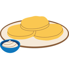 Stack Of Three Golden Brown Pancakes With A Small Blue Bowl Of Creamy White Sauce On A Round Beige Plate With Brown Rim Isolated On White Background