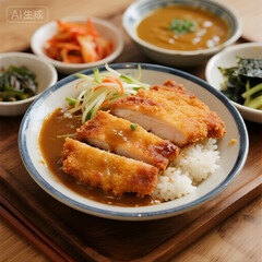 Japanese Chicken Katsu Curry with Rice and Vegetables on Wooden Table