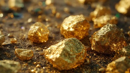 Starting low-angle camera panning right revealing golden nugget cluster on soil, sparkling surfaces