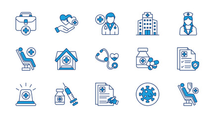 Medical thin blue icon set. Containing healthcare, doctor, hospital, nurse, patient, clinic, stethoscope, medicine, health insurance, emergency. Vector illustration