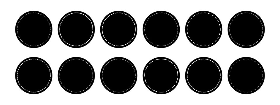 Set of circle shapes with dashed border lines. Dotted geometric round figures isolated on white background. Cut here pictograms for sale coupons or price tags. Vector graphic illustration