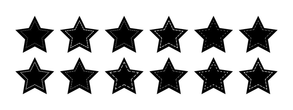Set of black star shapes with dashed border lines. Dotted geometric starry figures isolated on white background. Cut here pictograms. Vector graphic illustration