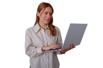 Woman freelancer working on laptop, typing on keyboard, smiling, redhead female professional with transparent background
