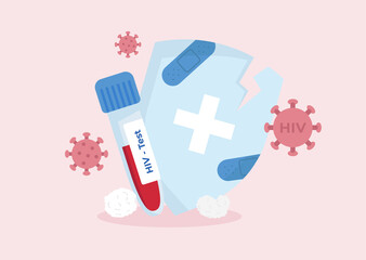 Immune system affected by HIV virus. Cracked shield. Positive HIV blood text. AIDS/HIV awareness campaign. Vector illustration in flat style.