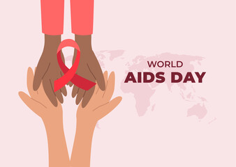 People of different nationalities supporting each other. Afro American and European characters holding hands with red ribbon. World AIDS day banner. Vector illustration in flat style.