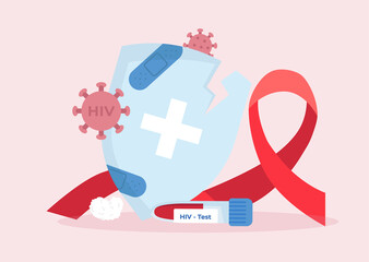 Immune system affected by HIV virus. Cracked shield. Positive HIV blood text. AIDS/HIV awareness campaign. Vector illustration in flat style.