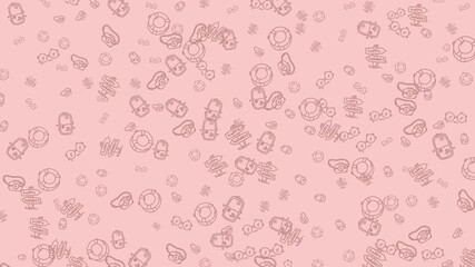 Pink sketch with sunglasses, cameras, signs, and floatation rings repeated. Ideal for beach or vacationthemed designs and summer events