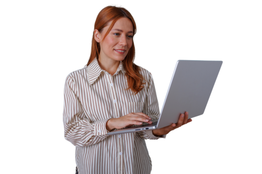 Woman freelancer working on laptop, typing on keyboard, smiling, redhead female professional with transparent background - Powered by Adobe