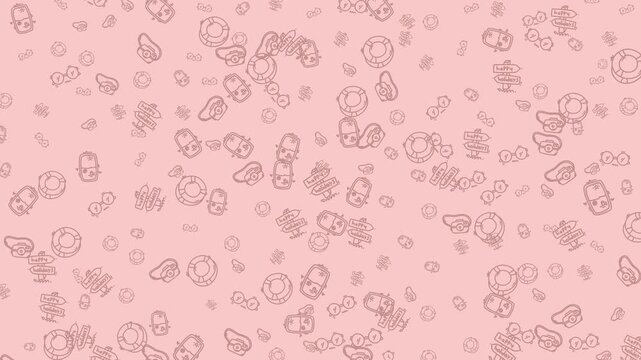 Pink sketch with sunglasses, cameras, signs, and floatation rings repeated. Ideal for beach or vacationthemed designs and summer events