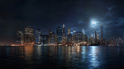 Fototapeta premium A cityscape at night, with a moon and reflections in the water. The tall buildings are illuminated, creating a beautiful and dramatic scene