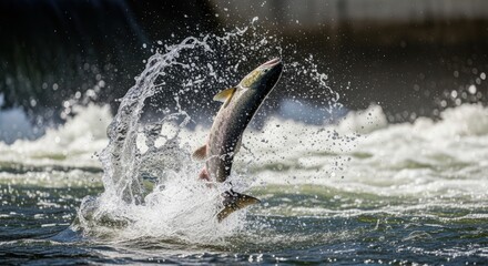 Obraz premium Salmon Fish Leaping Water in River for Fishing Adventures, Conservation Awareness, Wildlife Protection, Nature Photography, and Aquatic Life Blogs