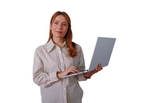 Professional businesswoman holding laptop, smiling, thinking and planning strategy, isolated on transparent background