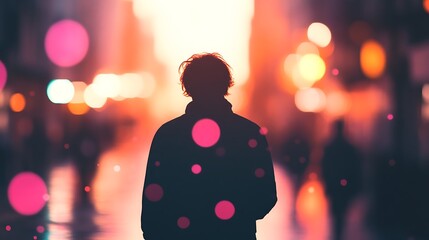 Lone figure stands silhouetted against vibrant city lights at night with bokeh effect and warm tones for dreamy atmospheric artistic visual design urban concept