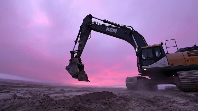 Heavy machinery works alongside a beautiful sunset as an excavator digs into the earth. The sky is painted in hues of pink and purple, creating a stunning backdrop.