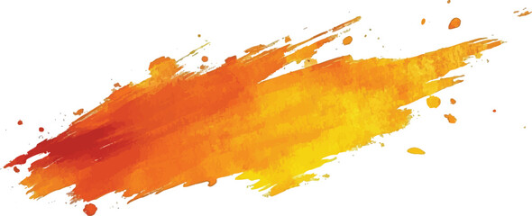 Vibrant orange and yellow watercolor brush stroke with paint splatters on white background vector