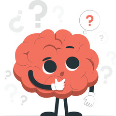 Cartoon Brain Character Thinking with Question Marks thought idea