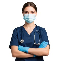Professional healthcare worker in mask, scrubs, and stethoscope