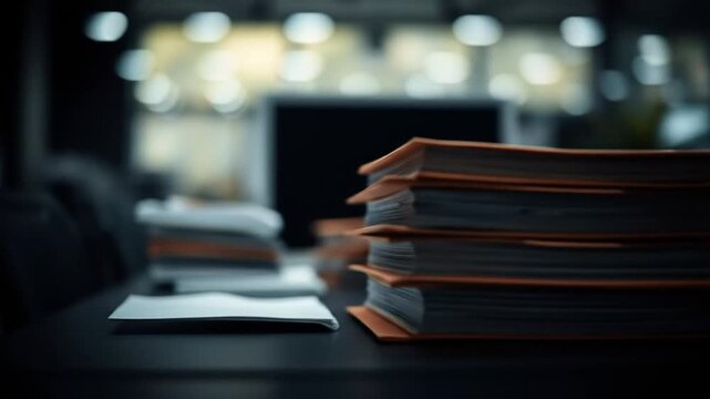 An office workspace features stacks of brown folders filled with documents on a black desk during the day. 4k video
