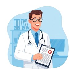Friendly doctor holding medical chart in office for patients.