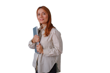Redhead businesswoman holding laptop, smiling, standing confident with modern technology, transparent background
