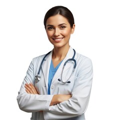 Smiling female doctor in white coat with stethoscope isolated