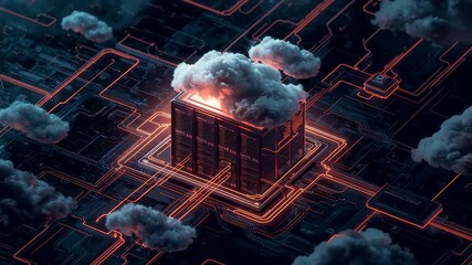Glowing Server Tower with Orange Circuit Connections and Clouds in Dark Network Space - Powered by Adobe
