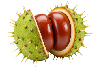Isolated Horse Chestnut, showing shiny brown seeds and green prickly husk, cut open, healthy