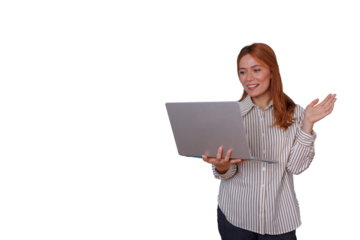 Young woman having a video call on laptop with a happy expression, waving hand, on transparent background