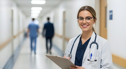 Smiling female doctor holding a clipboard in a hospital hallway