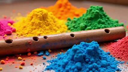 Vibrant Holi celebration with colorful powder and a traditional flute creating a festive atmosphere perfect for cultural events and joyous gatherings