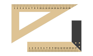 Flat illustration of two measuring triangles, one wooden and one metal, used for precise angle and line measurements in geometry, drafting, and carpentry, shown on a clean white background