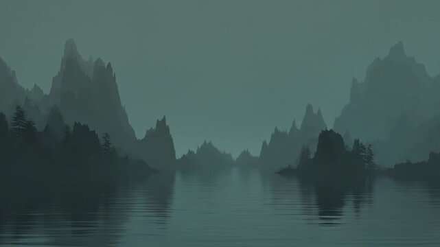 A serene lake reflects mountain silhouettes as a lightning bolt strikes, illuminating the cloudy sky
