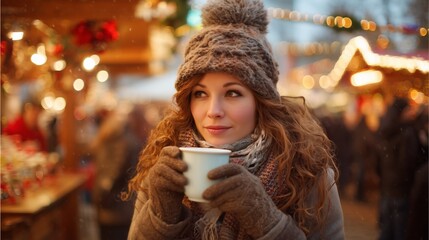 Woman enjoying warm drink at festive market during winter evening with lights and holiday decorations