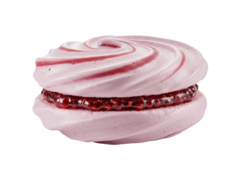 Isolated pink meringue cookie with raspberry jam, sweet food, yummy baked confection