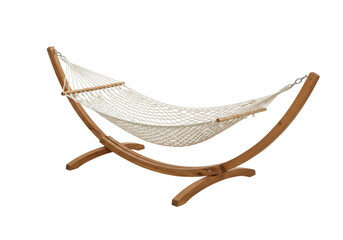 Isolated hammock, cotton rope bed with wooden stands, relaxation equipment, outdoor garden furniture