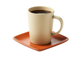 Isolated brown cup of coffee standing on a square plate for hot drinks and beverages