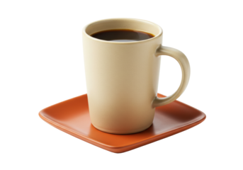 Isolated brown cup of coffee standing on a square plate for hot drinks and beverages