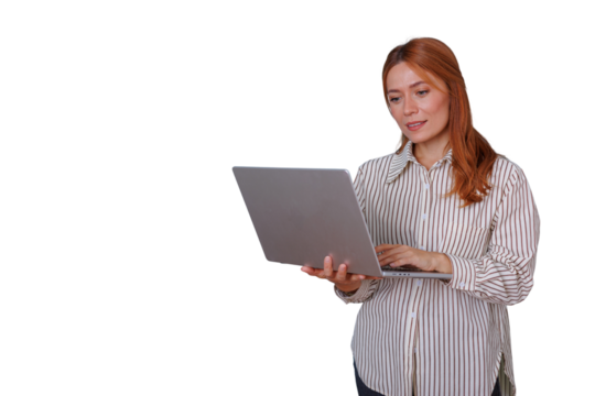 Businesswoman holding laptop and working, managing online business, with copy space and transparent background