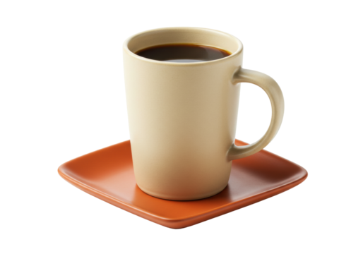 Isolated brown cup of coffee standing on a square plate for hot drinks and beverages