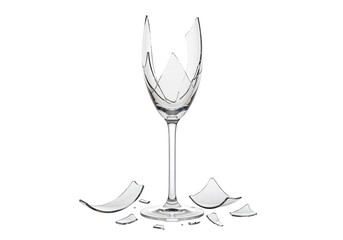 Isolated wine glass in broken pieces, shattered glass and sharp edges, fragile glassware