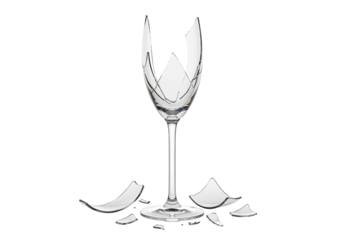 Isolated wine glass in broken pieces, shattered glass and sharp edges, fragile glassware