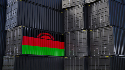 Cargo shipping container with malawi flag, shipping and freight transportation of malawi concept.