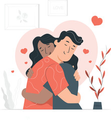 Couple embracing with hearts and plants on white background love embrace