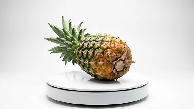 A detailed view of a whole, ripe pineapple with a vibrant green leaf crown, presented on a white, rotating display stand against a clean, seamless white backdrop.