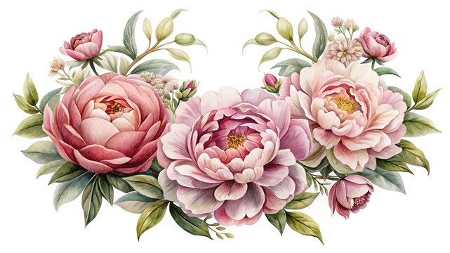 Watercolor pink peony floral arrangement with green leaves art