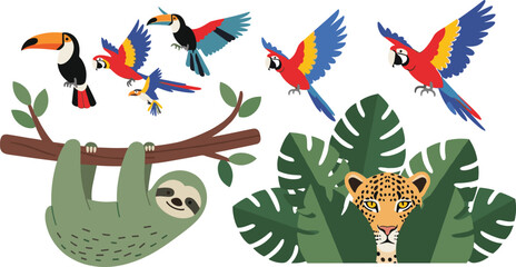 Naklejka premium Colorful tropical jungle wildlife illustration, exotic birds flying, sloth hanging on tree branch, leopard hiding behind leaves, rainforest nature animals, vector art