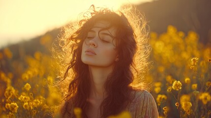 Finding serenity in the glow of nature's golden hour. Poster graphics. The harmony of sunlight and joy in an open field. Advertising photo. Adventure poster.