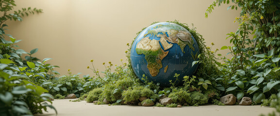 Globe covered with green plants and vines symbolizing nature conservation, sustainability, and environmental protection, representing harmony between Earth and natural life.
