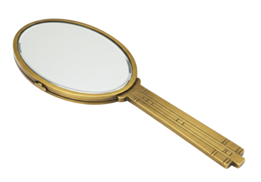 Isolated oval hand mirror with a metal handle, vintage brass finish beauty accessory